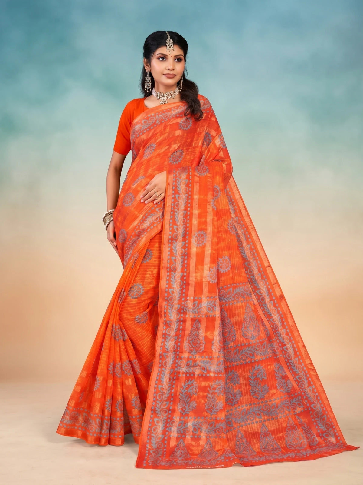 Minu fashions Printed Daily Wear Pure Cotton Saree ( Orange )
