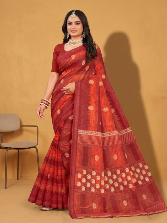Minu fashions Floral Print Daily Wear Pure Cotton Saree (Red)