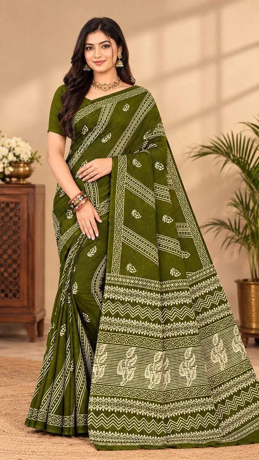MINU | Women Olive Green Printed Saree with Matching Blouse Piece