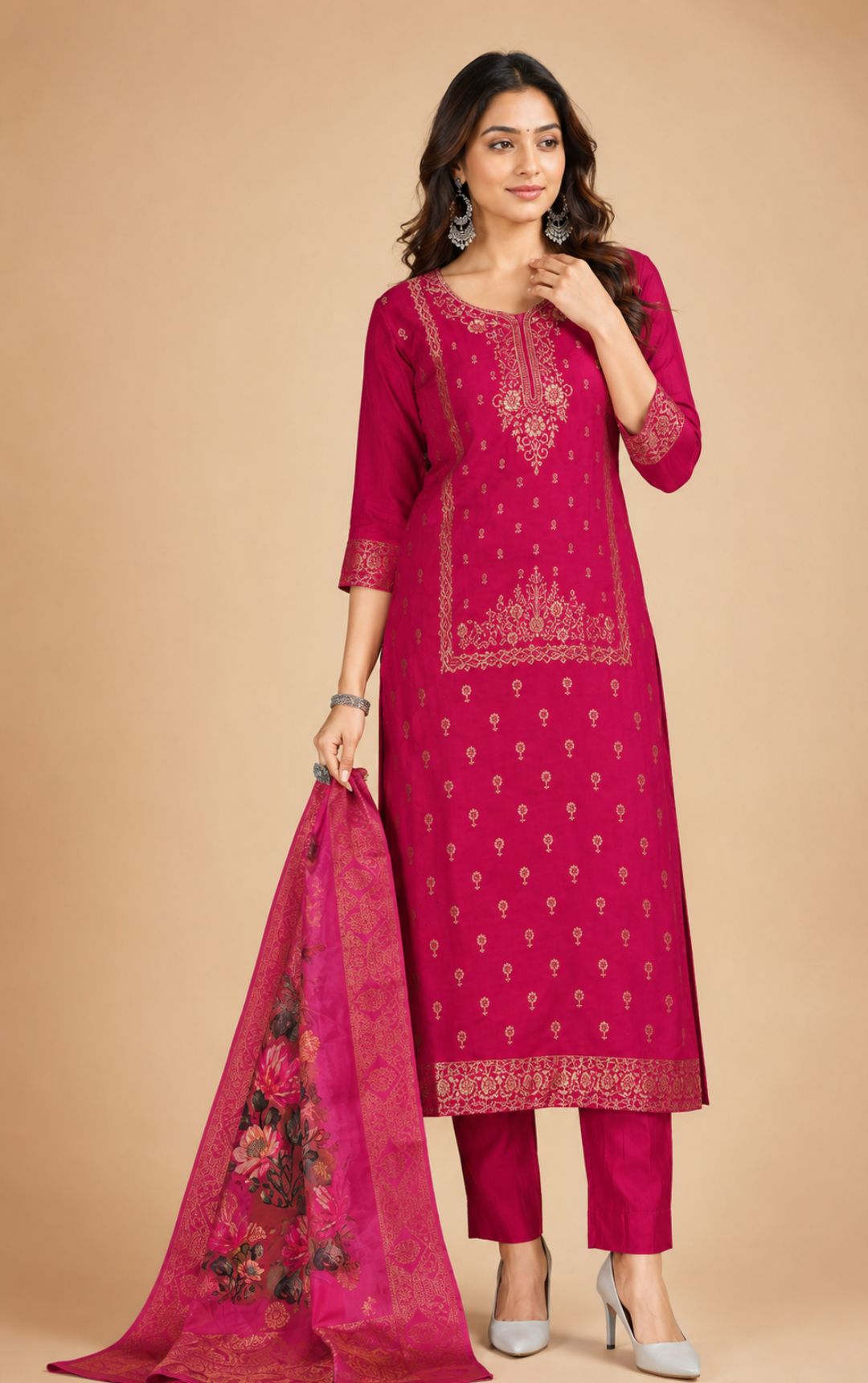 Celebrity Women Chanderi Zari Work Kurta with Round Neck, Three-Quarter Sleeves, Salwar with Elasticated Waistband & Floral Printed Dupatta Set | Ank