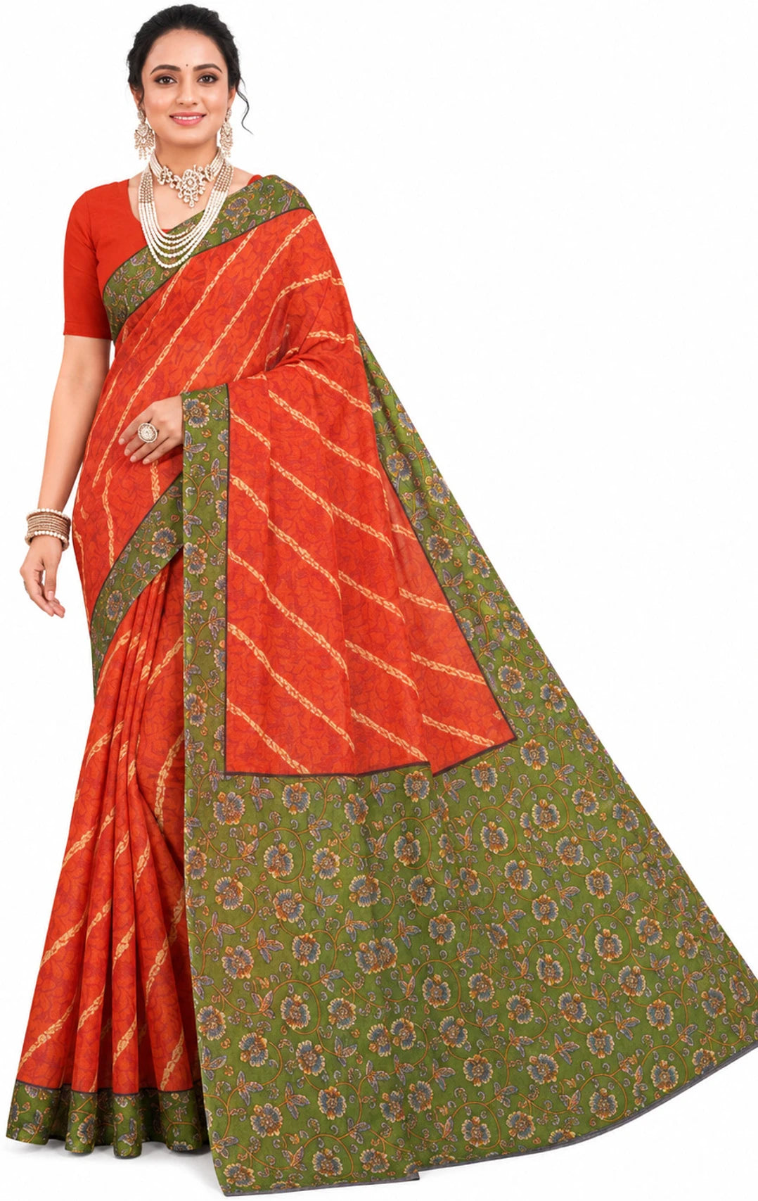 Minu fashions Printed Daily Wear Cotton Blend Saree (Orange)