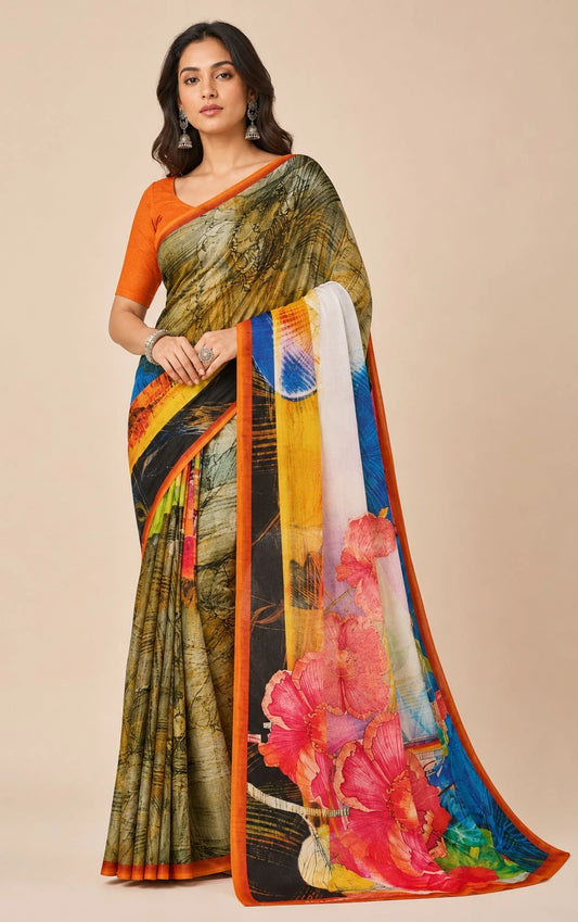 Minu fashions Printed Daily Wear Pure Cotton Saree (Multicolor)