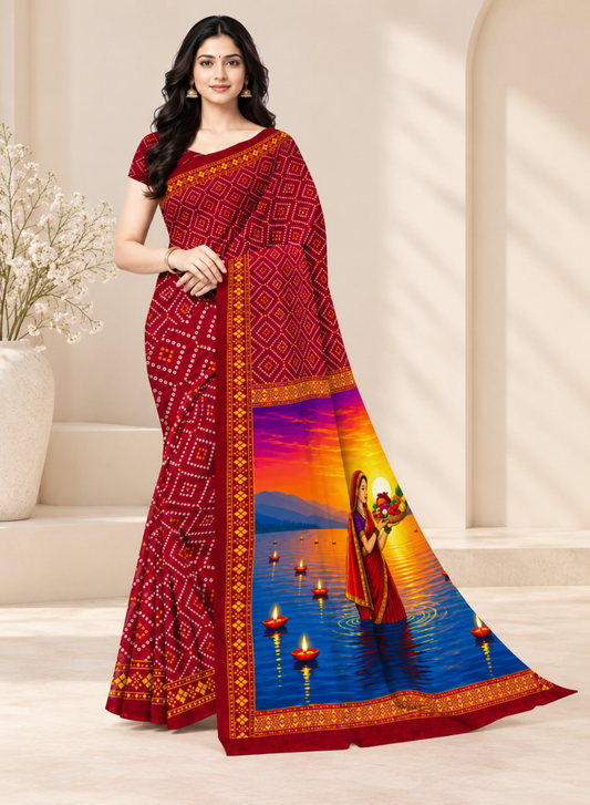 Minu | Women Maroon Printed Saree with Chhath Puja Sunset Pallu