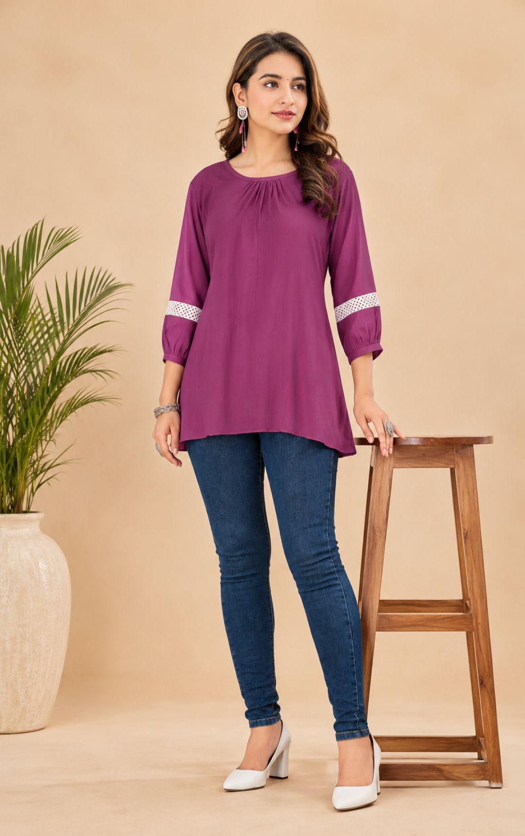 Magenta Purple Pleated Neck Tunic | Regular Fit Casual Top (Short Kurti)