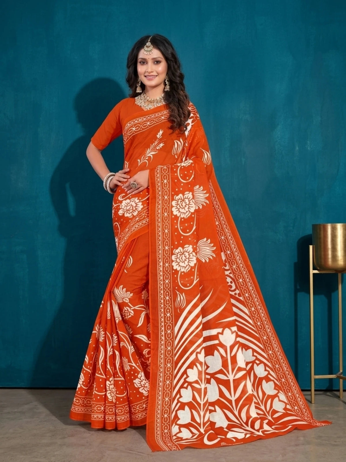 Minu fashions Printed Daily Wear Pure Cotton Saree (Orange)