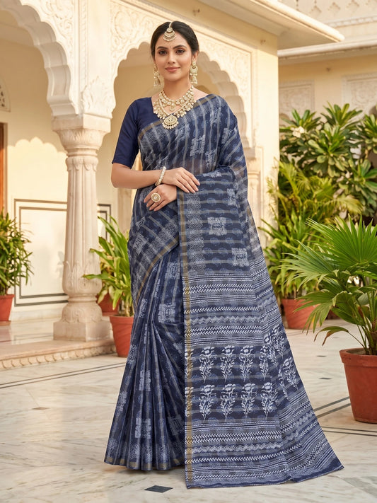 Minu fashions Printed Daily Wear Pure Cotton Saree (Blue)