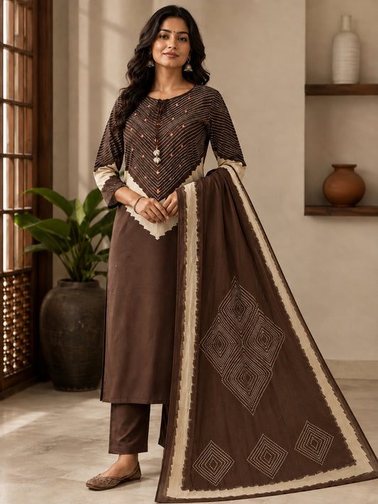 Himanshi Women Brown Pure Cotton Straight Kurta Set with Palazzo & Dupatta | Ank