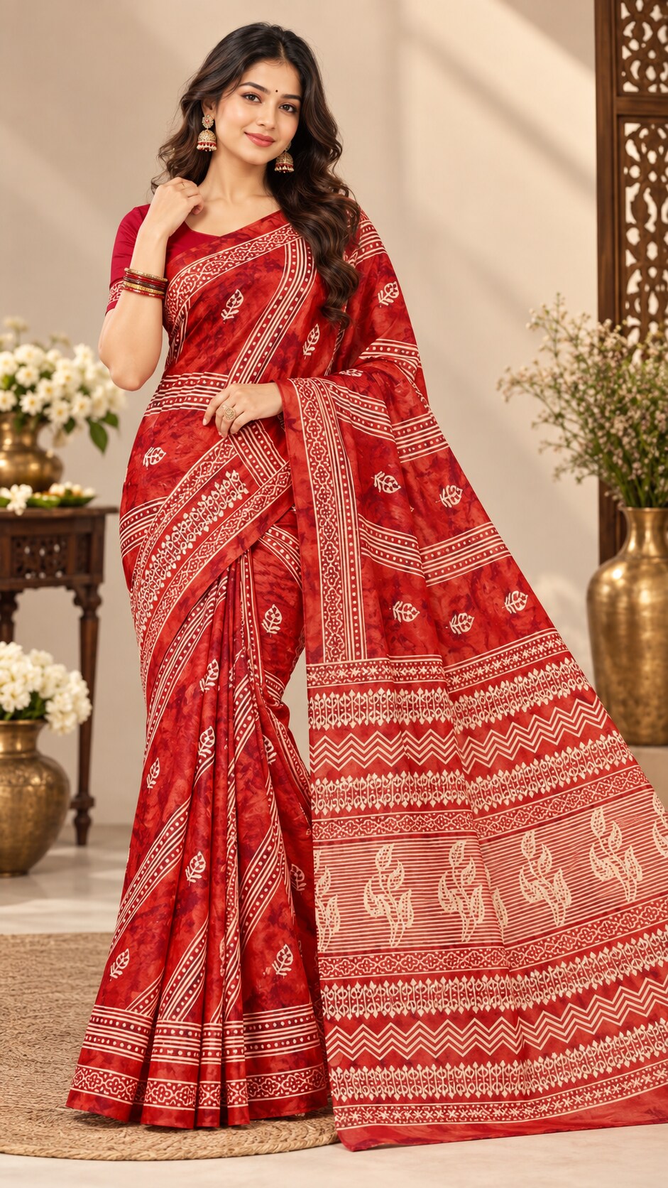 MINU | Red Traditional Printed Saree with Intricate Border & Pallu