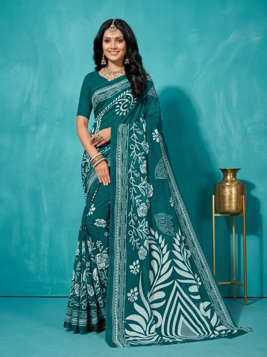 Minu fashions Printed Daily Wear Pure Cotton Saree (Dark Blue)