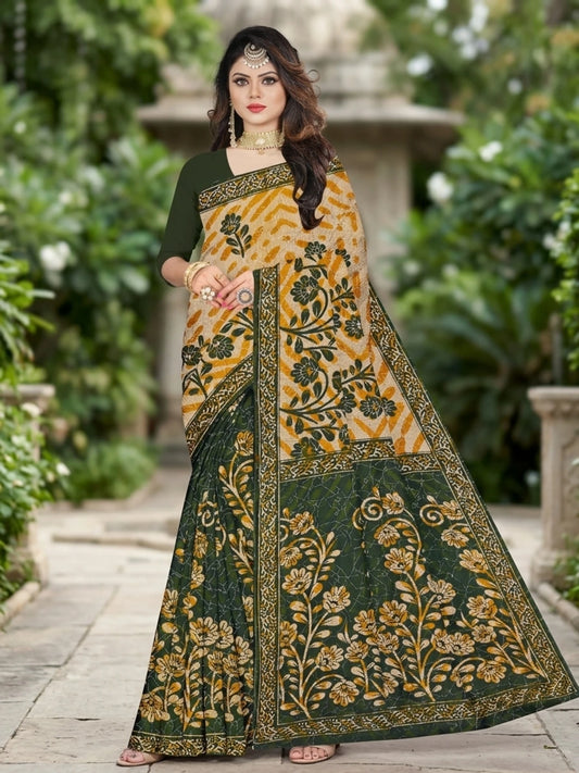 Minu fashions Printed Daily Wear Pure Cotton Saree (Green)