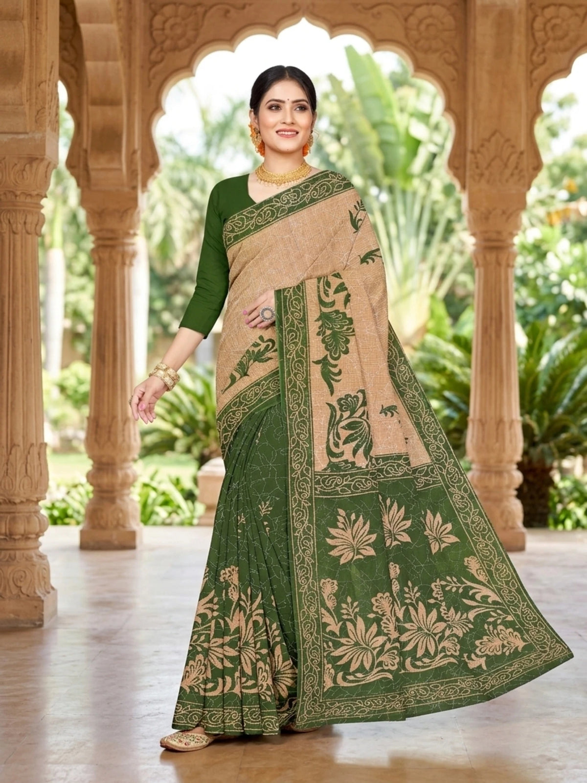 Minu fashions Printed Daily Wear Pure Cotton Saree (Green)