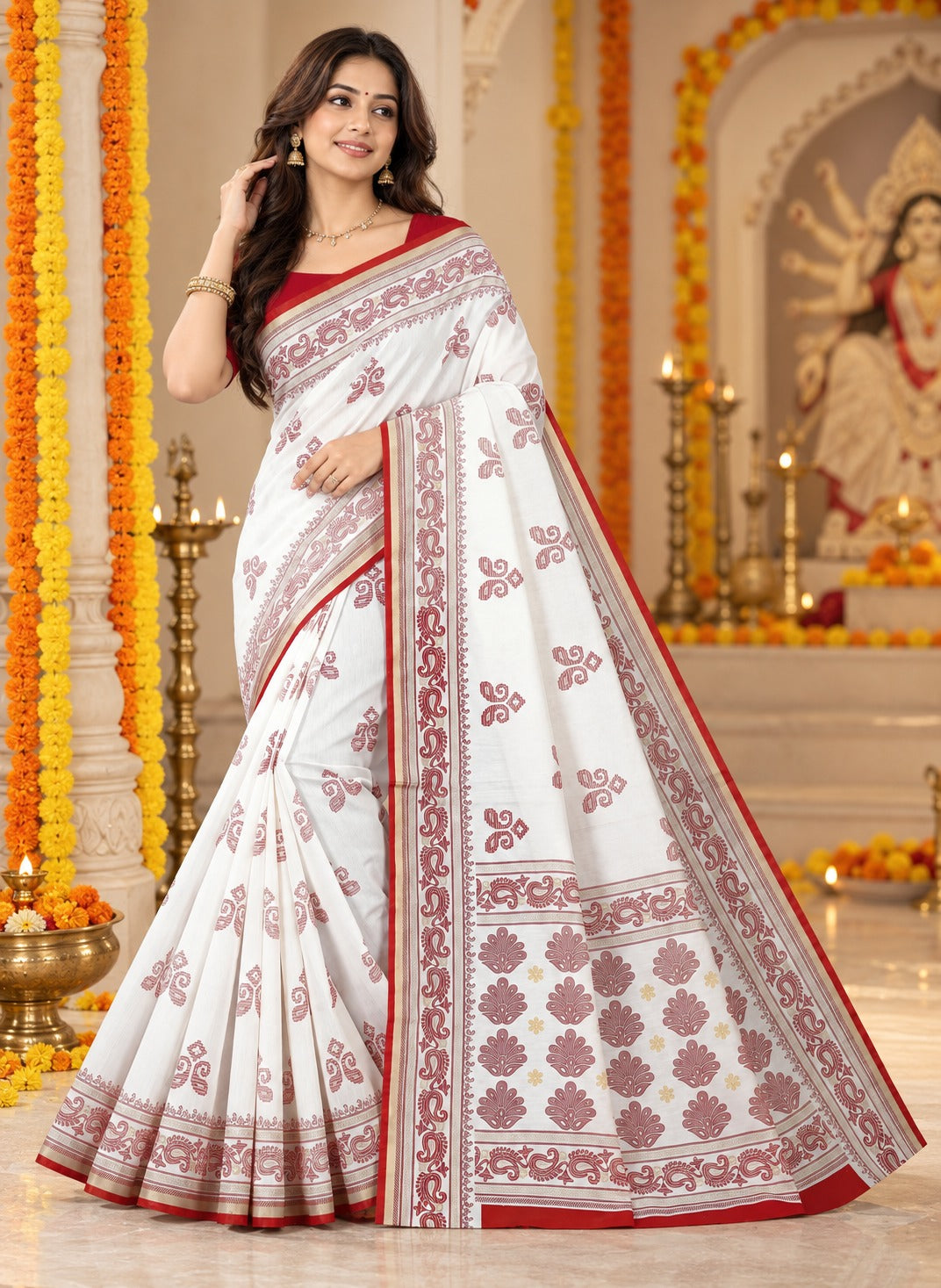 Red & White Bengali Saree for Durga Puja | Traditional Buti Motif Saree with Statement Border