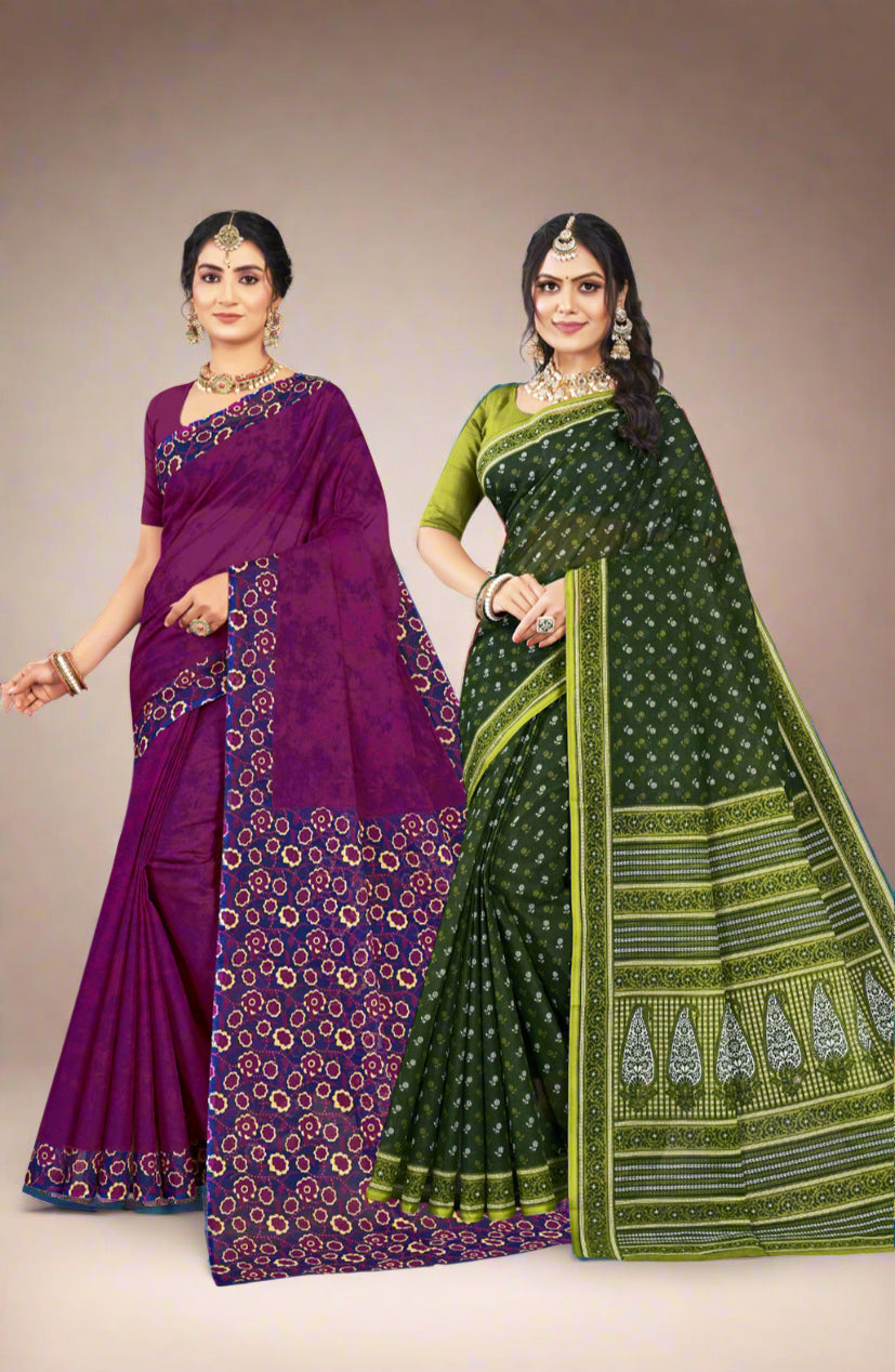 Combo Of Cotton Printed Sarees - Pack of 2