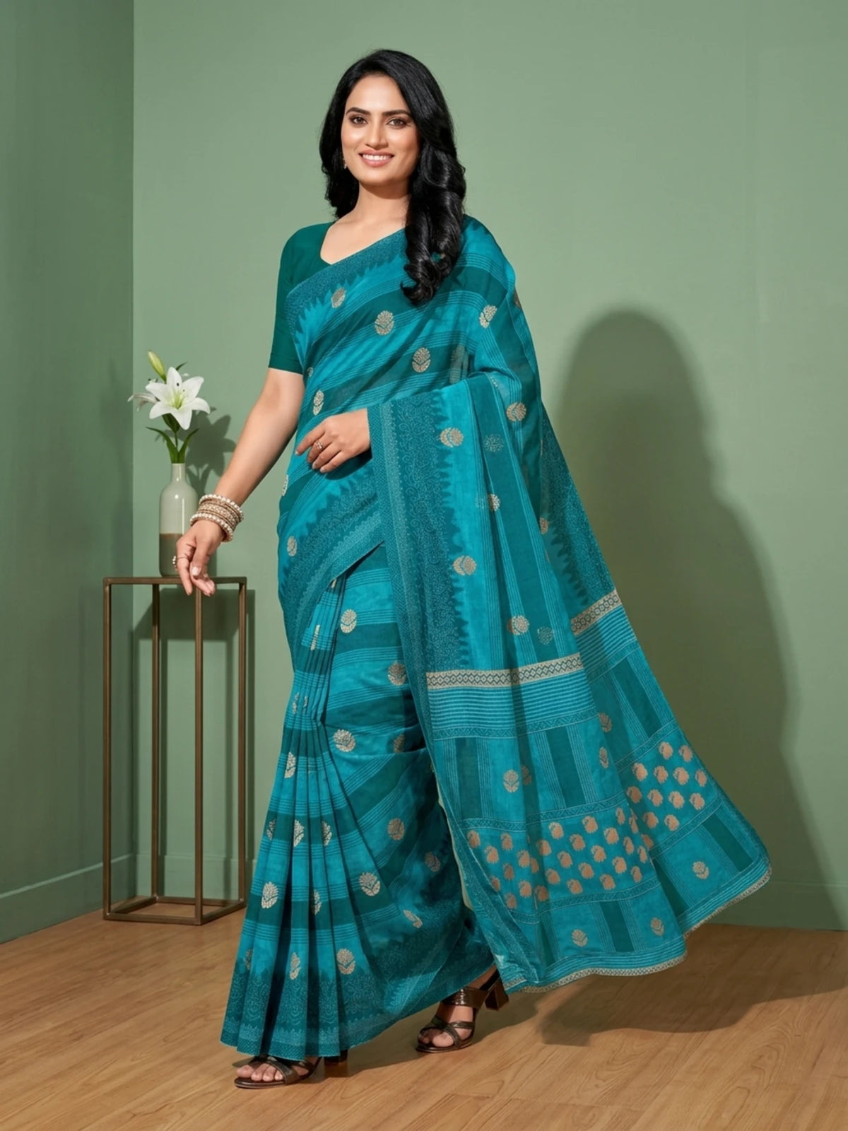 Minu fashions Printed Daily Wear Pure Cotton Saree (Dark Blue)