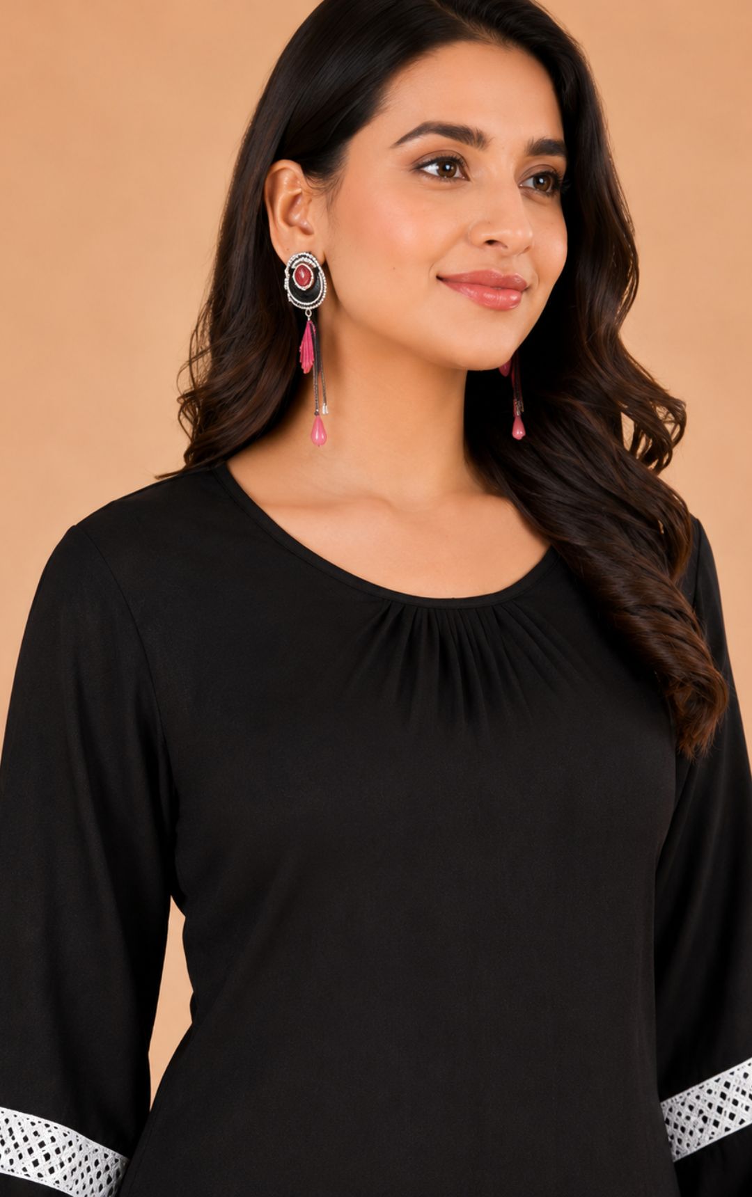 Women's Solid Black Crepe Straight Kurti with Lace-Detailed 3/4 Sleeves