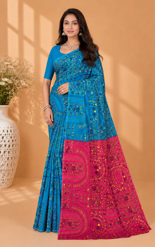Boutiue Special Vibrant Blue And Pink Bandhani Print Saree With Intricate Border