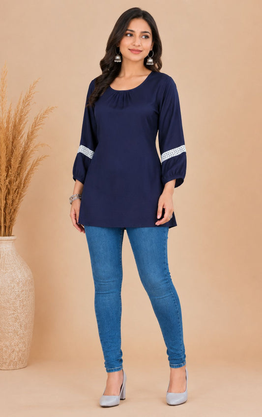 Blue Boat Neck Short Kurti with White Lace Accents