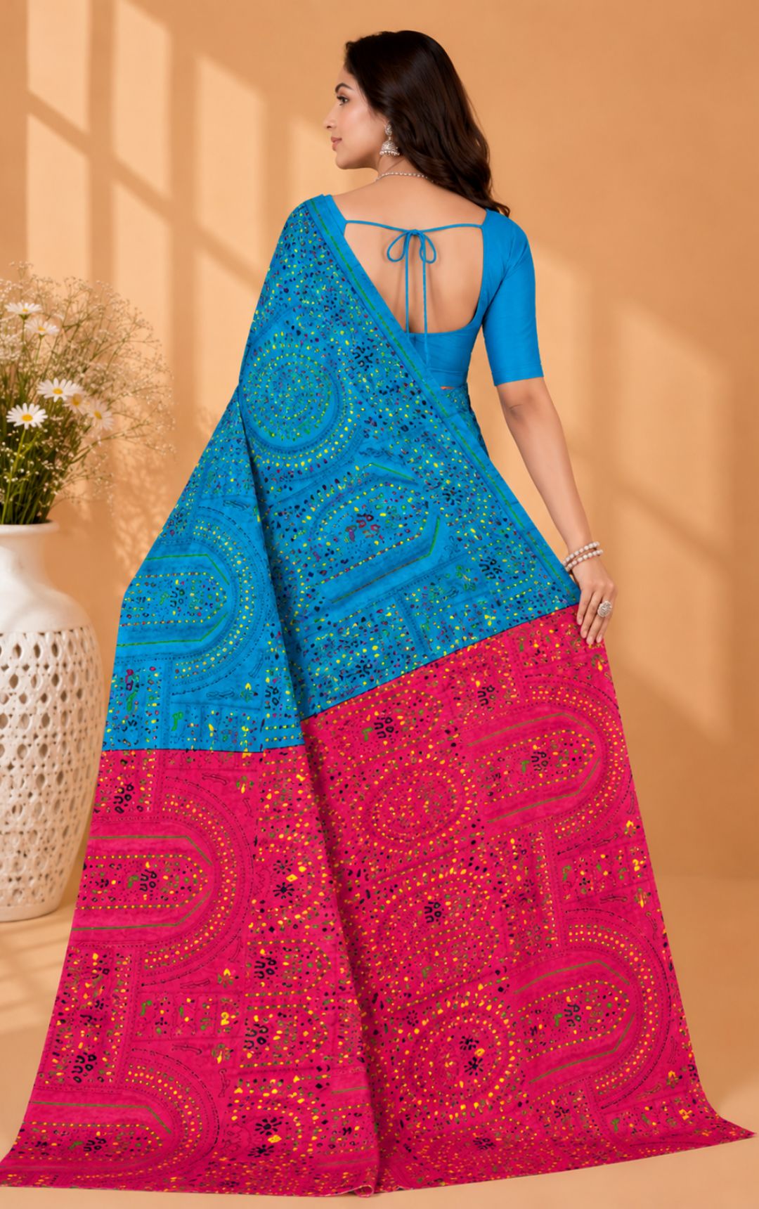 Boutiue Special Vibrant Blue And Pink Bandhani Print Saree With Intricate Border