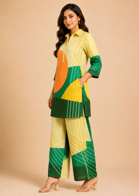 Juni Yellow Abstract Printed Co-Ord Set