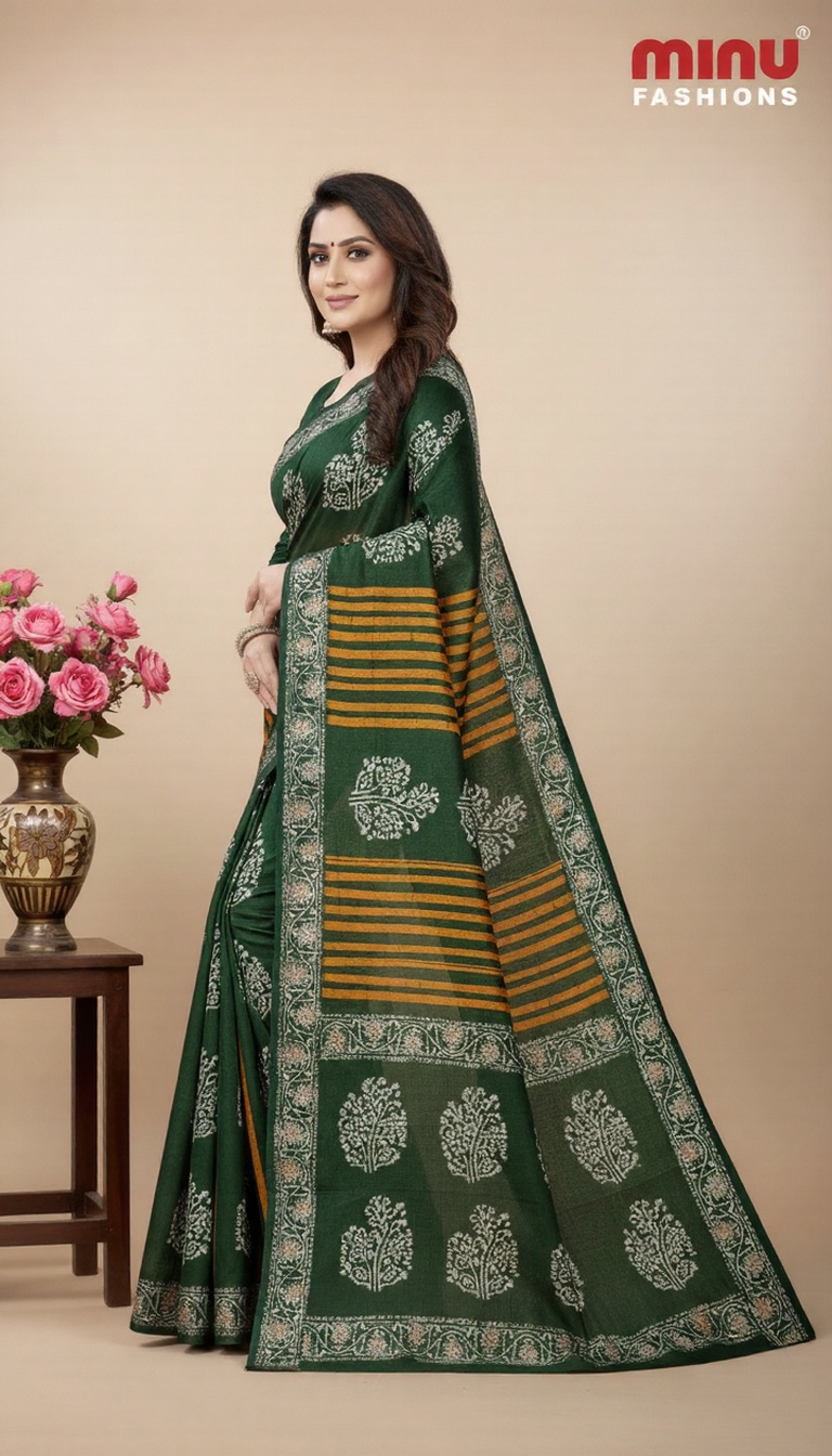 Kacha Badam Batik Cotton Printed Saree Green 3809