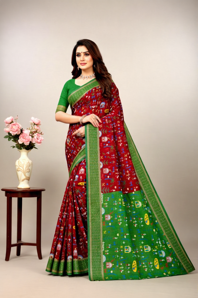 Boutique Special Gold Cotton Printed Purple Saree