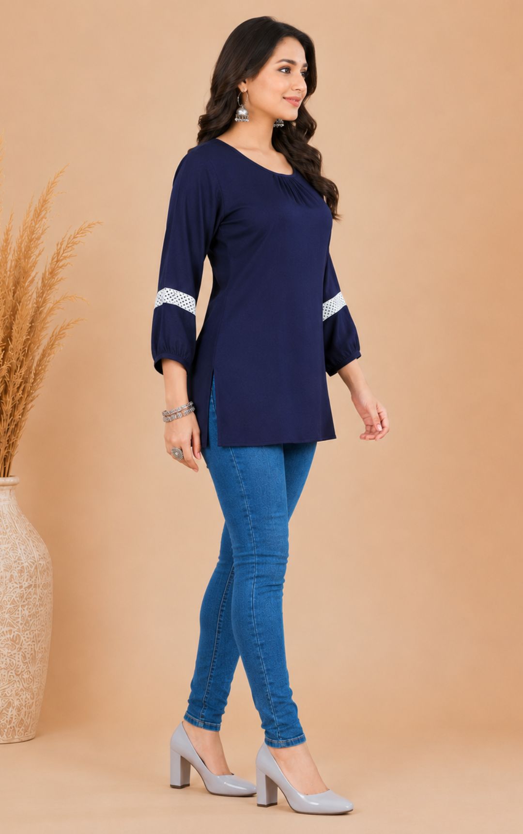 Blue Boat Neck Short Kurti with White Lace Accents