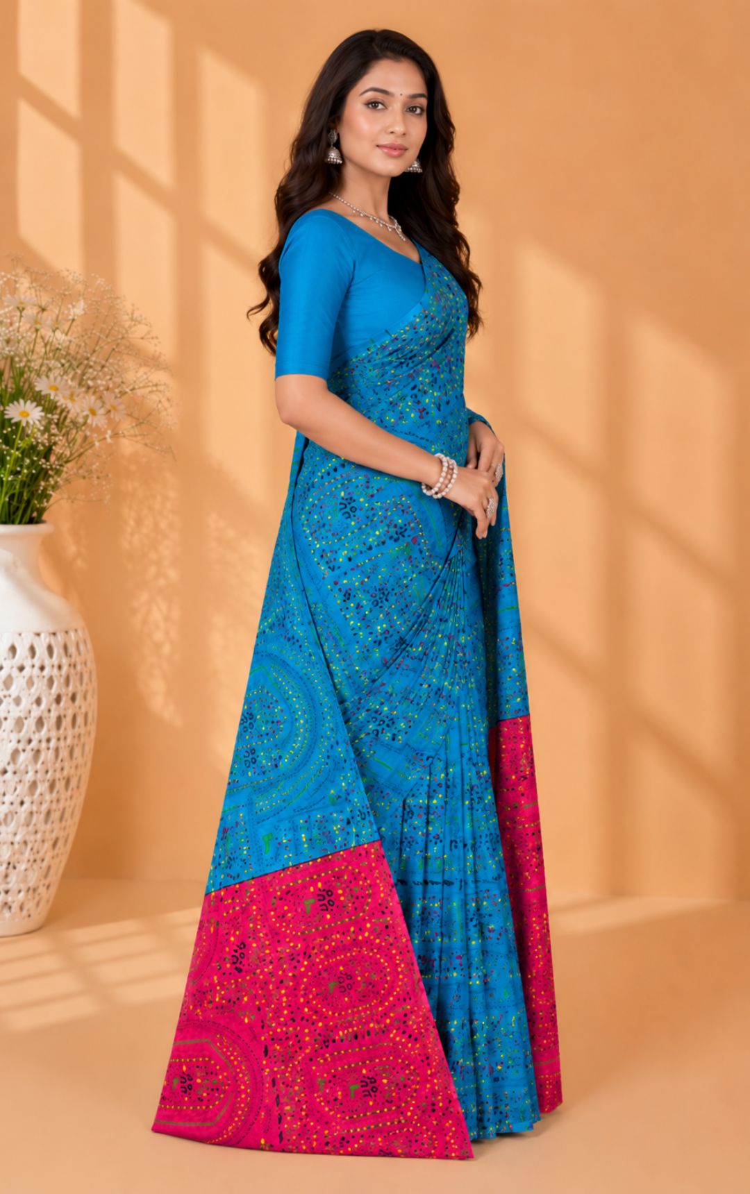 Boutiue Special Vibrant Blue And Pink Bandhani Print Saree With Intricate Border