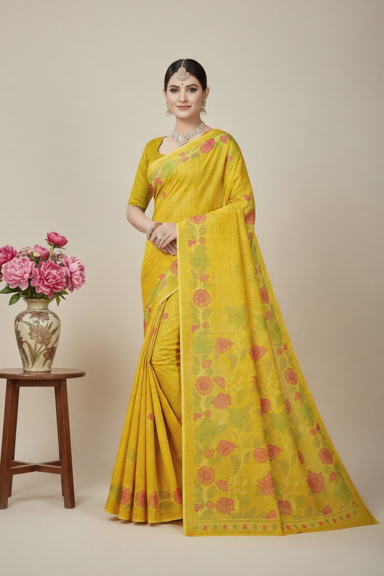 Kashmiri Cotton Printed Saree Yellow
