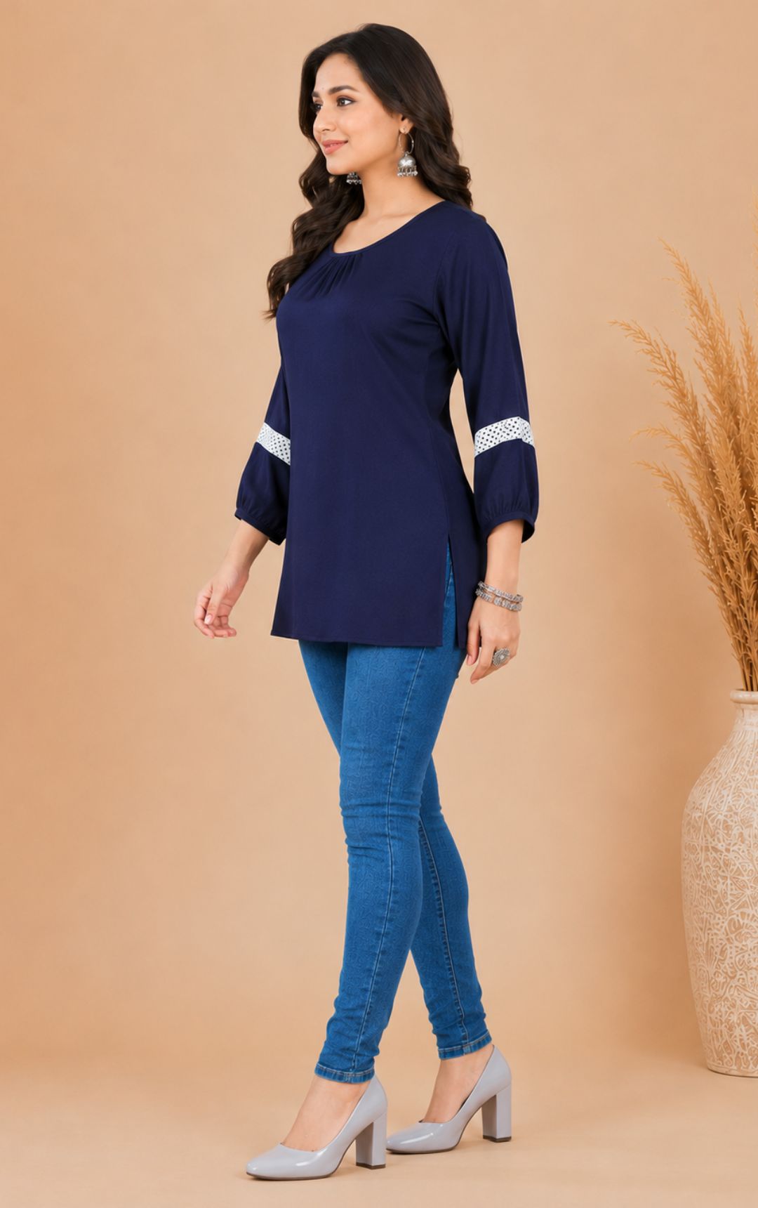 Blue Boat Neck Short Kurti with White Lace Accents
