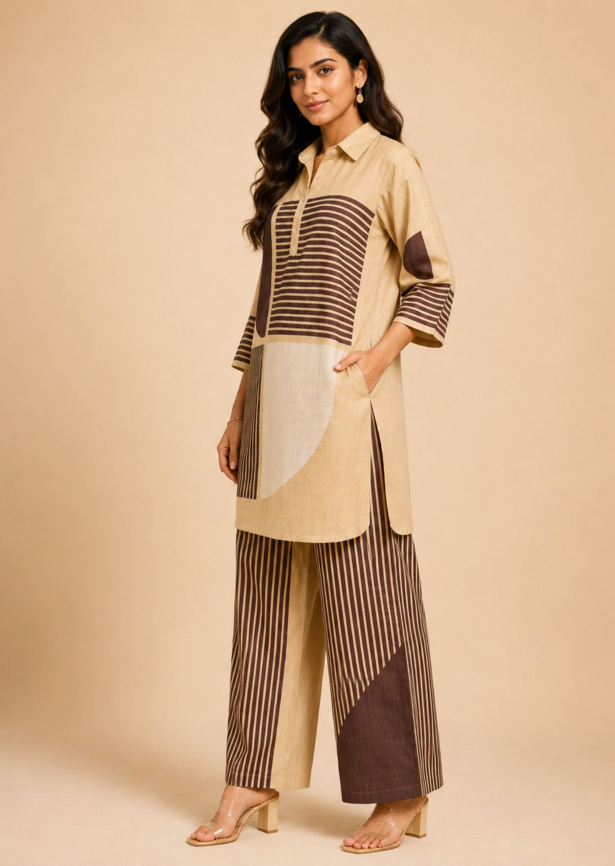 Juni Women Abstract Printed Beige Co-Ord Set with Straight Kurta & Matching Trousers | Round Neck, Three-Quarter Sleeves | Minu