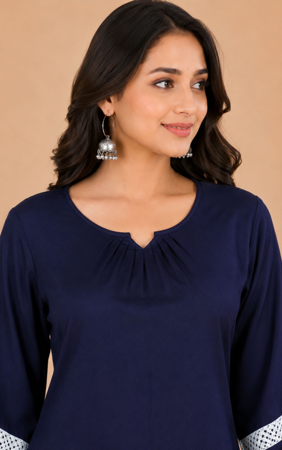 Blue Boat Neck Short Kurti with White Lace Accents