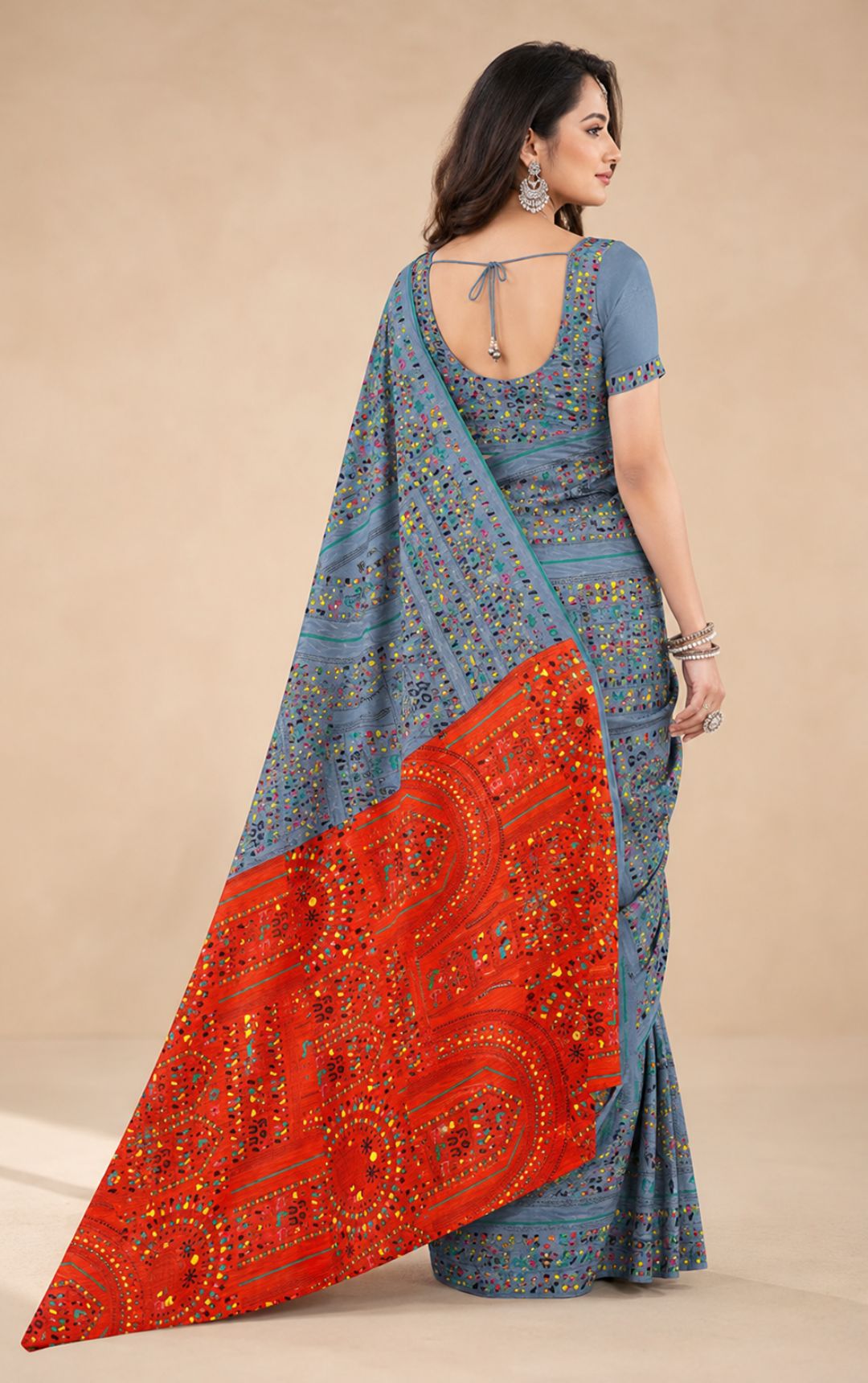 Boutique Special Blue Printed Saree With Contrasting Red Bandhani Print Pallu