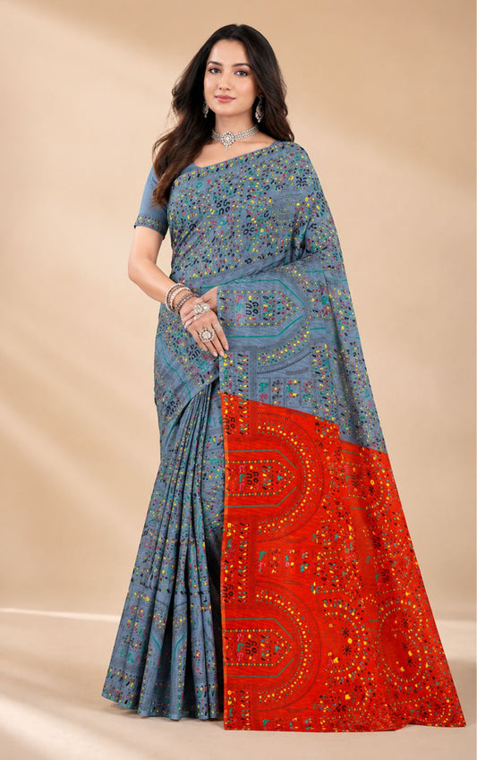 Boutique Special Blue Printed Saree With Contrasting Red Bandhani Print Pallu