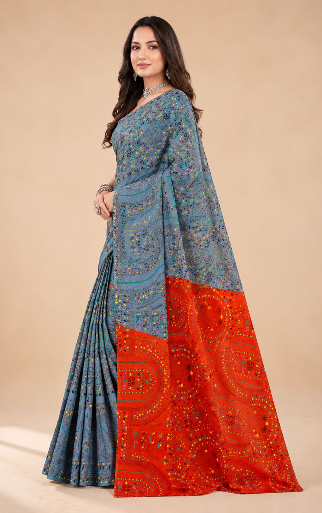 Boutique Special Blue Printed Saree With Contrasting Red Bandhani Print Pallu