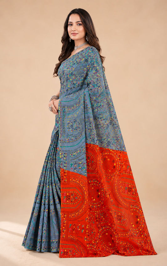 Boutique Special Blue Printed Saree With Contrasting Red Bandhani Print Pallu