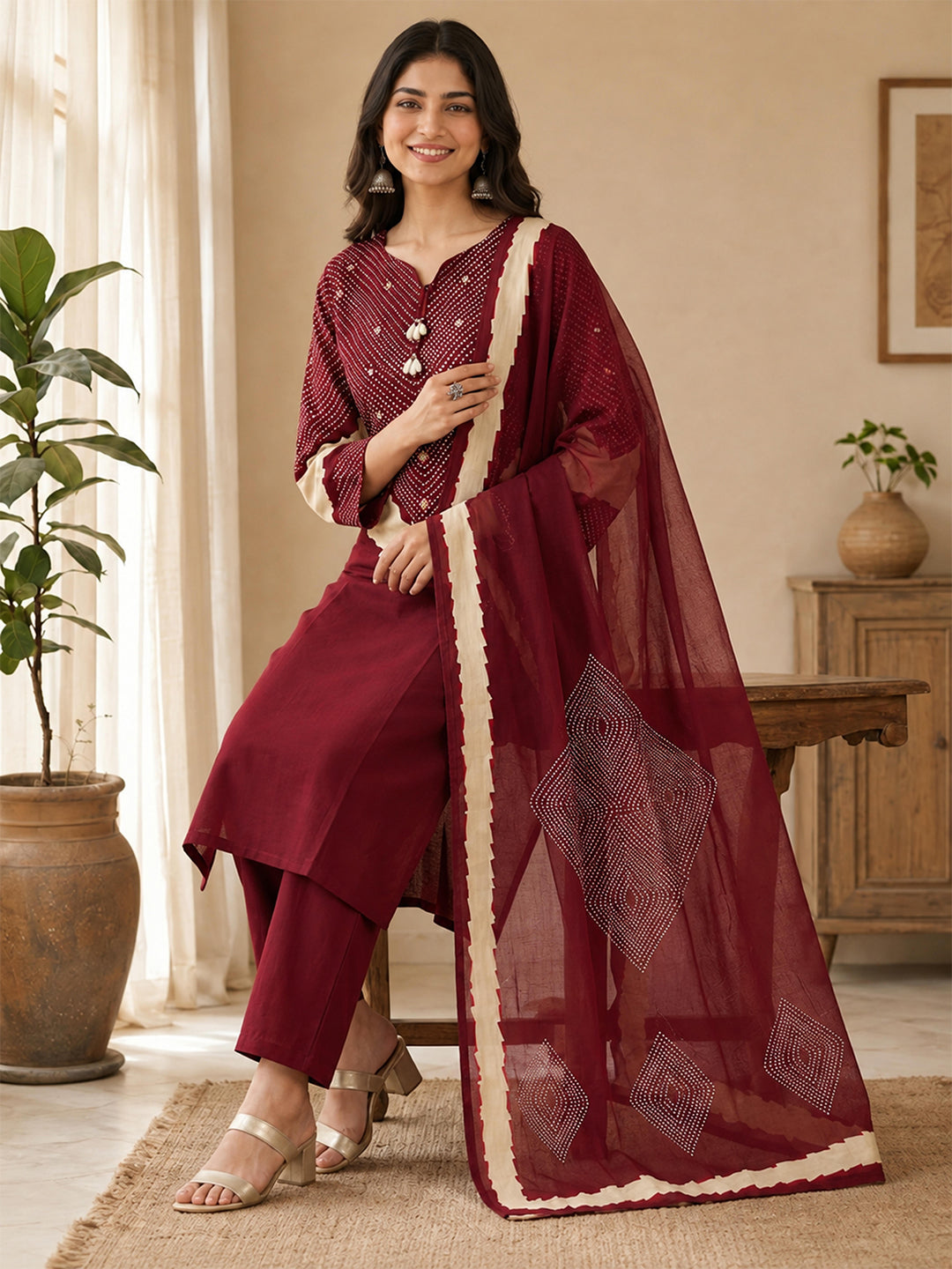 Himanshi Women Red Pure Cotton Straight Kurta Set with Palazzo & Dupatta | Ank