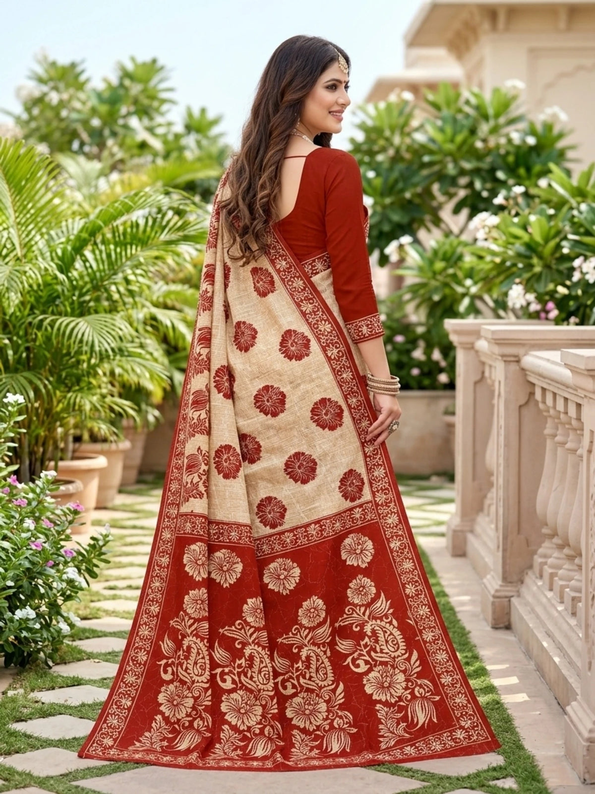 Minu fashions Printed Daily Wear Pure Cotton Saree (Red)