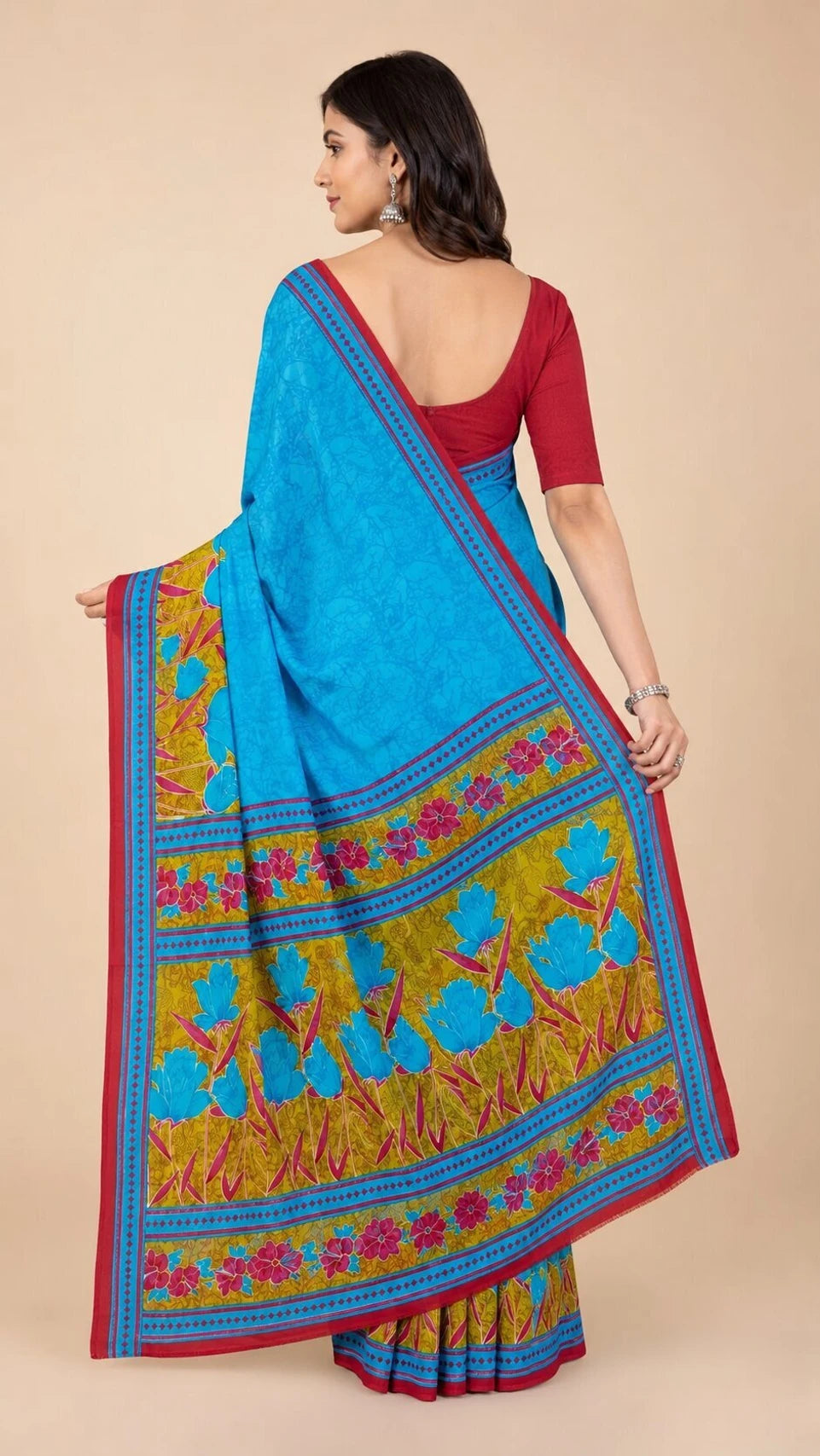 Minu fashions Printed, Floral Print Daily Wear Pure Cotton Saree (Blue)
