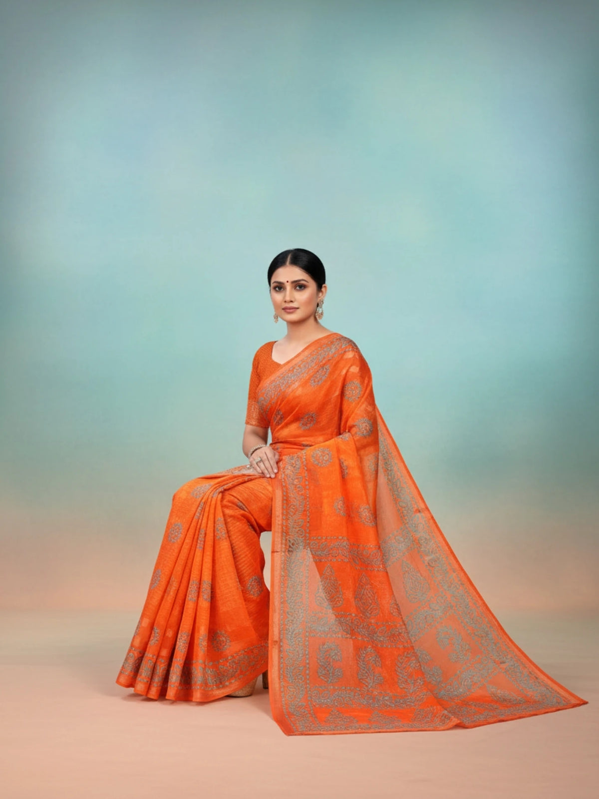 Minu fashions Printed Daily Wear Pure Cotton Saree ( Orange )