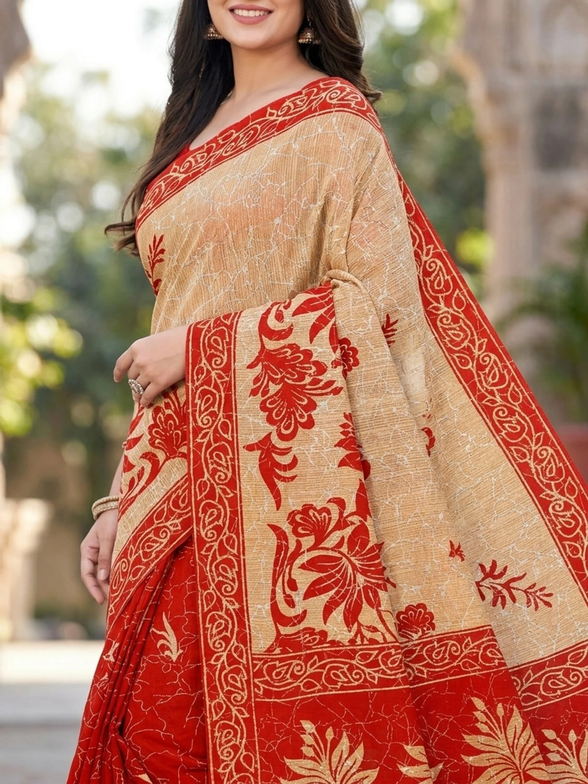 Minu fashions Printed Daily Wear Pure Cotton Saree (Red)