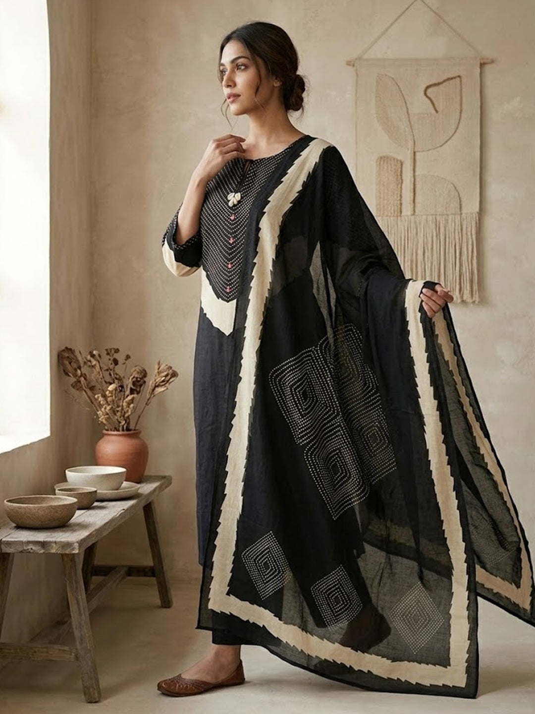 Himanshi Women Black Pure Cotton Straight Kurta Set with Palazzo & Dupatta | Ank