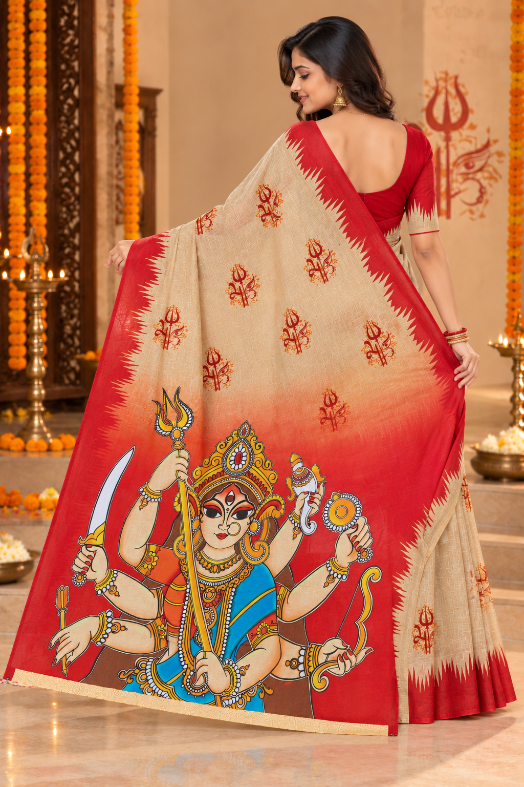 Minu | Puja Special Women Multicolor Printed Saree with Goddess Durga Print & Red Border