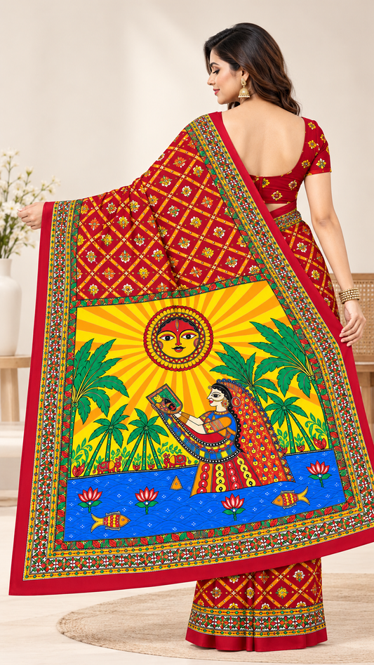 Minu | Women Maroon Printed Saree with Chhath Puja Folk Art Pallu