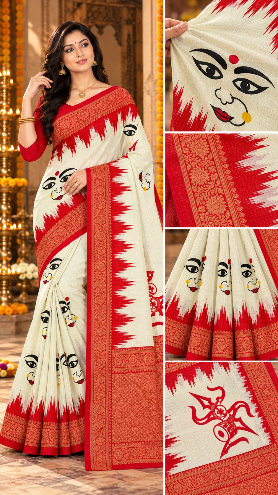 Minu | Women Durga Puja Special Multicolor Malai Cotton Folk Art Printed Saree