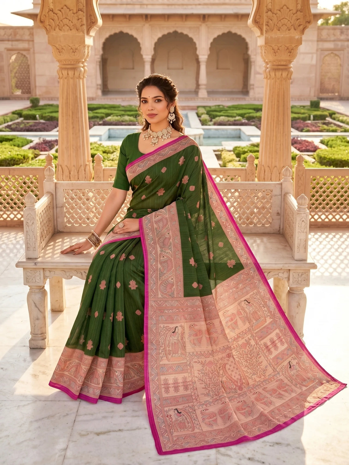 Minu fashions Printed Daily Wear Pure Cotton Saree (Green)
