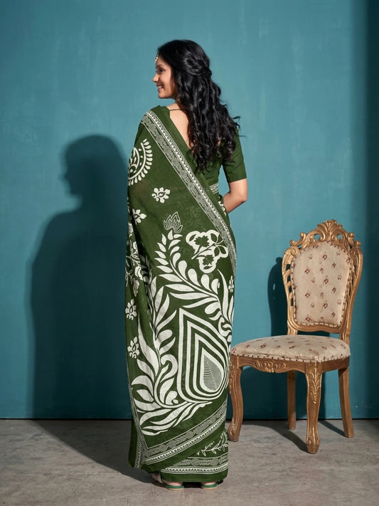 Minu fashions Printed Daily Wear Pure Cotton Saree (Green)