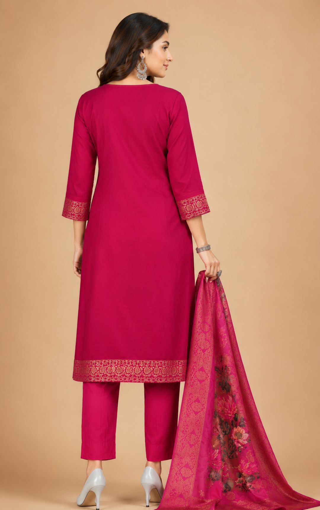 Celebrity Women Chanderi Zari Work Kurta with Round Neck, Three-Quarter Sleeves, Salwar with Elasticated Waistband & Floral Printed Dupatta Set | Ank