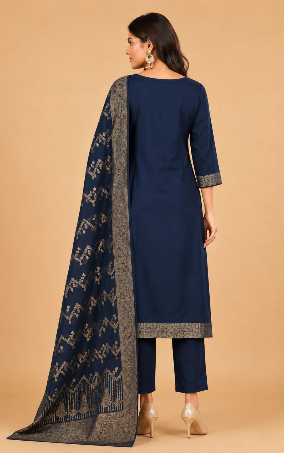 Famous Women Zari Work Chanderi Kurta Set with Salwar & Dupatta | V-Neck 3/4 Sleeves Woven Kurta | Elasticated Waist Slip-On Salwar | Ethnic Wear | Ank