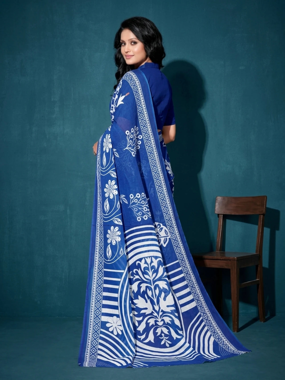 Minu fashions Printed Daily Wear Pure Cotton Saree (Dark Blue)