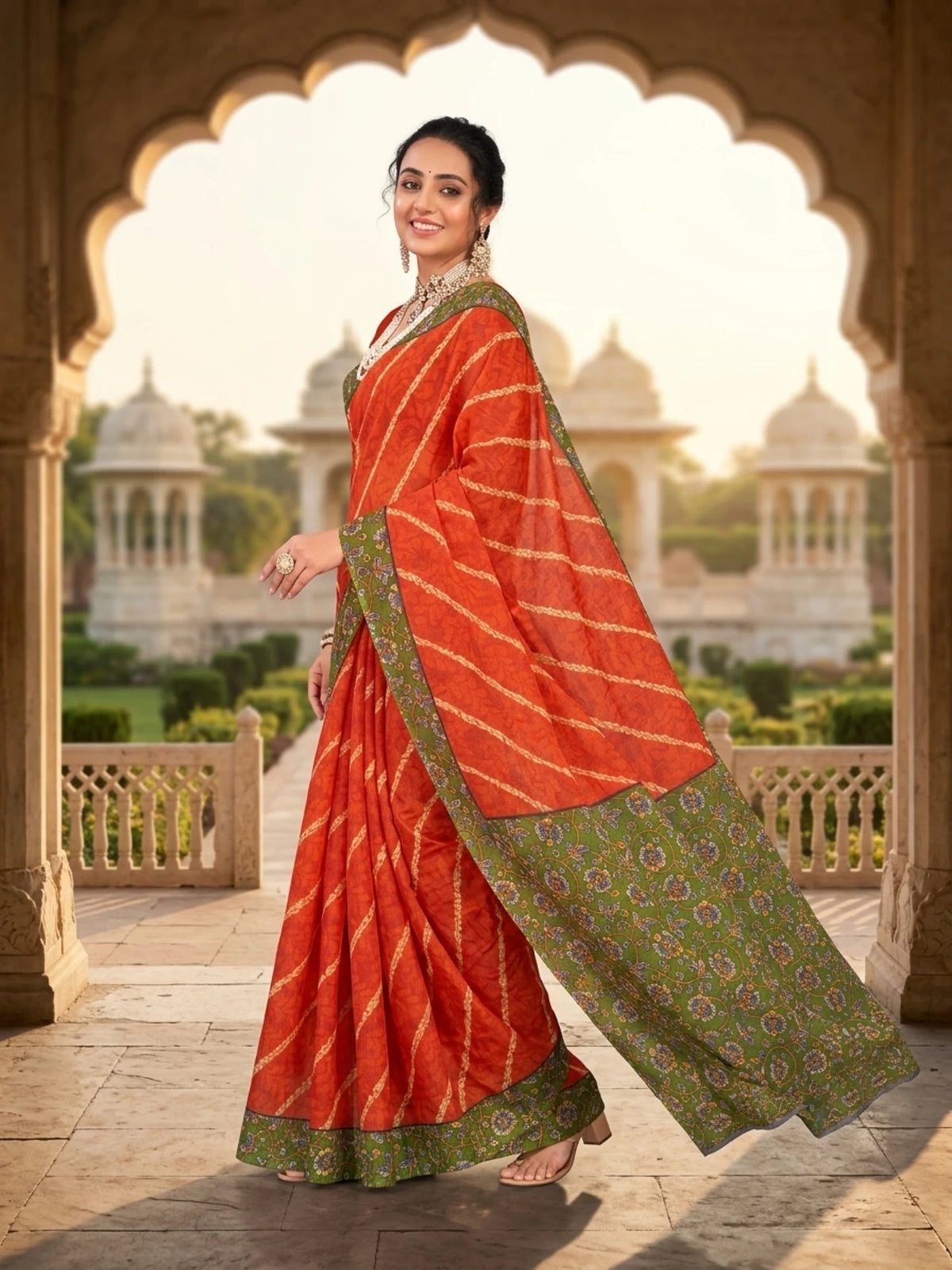 Minu fashions Printed Daily Wear Cotton Blend Saree (Orange)